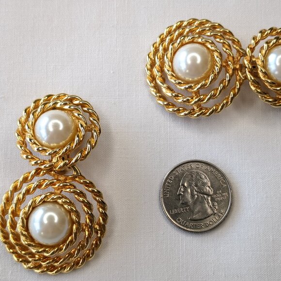 Vintage Gold-Tone and Faux Pearl Drop Earrings - Picture 4 of 11